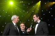 26 October 2012; Donegal's Michael Murphy is interviewed by RTE's Michael Lyster, in the company of Mayo's Alan Dillon, at the 2012 GAA GPA All-Star awards, sponsored by Opel. GAA GPA All-Star Awards 2012 Sponsored by Opel, National Convention Centre, Dublin. Picture credit: Brendan Moran / SPORTSFILE