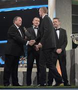 26 October 2012; Kilkenny's Henry Shefflin receives his 2012 GAA GPA All-Star award, sponsored by Opel, from Liam Ó Néill, Uachtarán, Chumann Lúthchleas Gael,  Donal Og Cusack, Chairman, Gaelic Players Association, and Dave Sheeran, Managing Director, Opel Ireland. GAA GPA All-Star Awards 2012 Sponsored by Opel, National Convention Centre, Dublin. Picture credit: Brendan Moran / SPORTSFILE