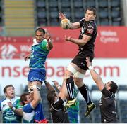 27 October 2012; Ian Evans, Ospreys, wins possession for his side in a lineout. Celtic League 2012/13, Round 7, Ospreys v Connacht, Liberty Stadium, Swansea, Wales. Picture credit: Steve Pope / SPORTSFILE