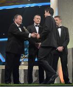 26 October 2012; Galway's David Burke receives his 2012 GAA GPA All-Star award, sponsored by Opel, from Liam Ó Néill, Uachtarán, Chumann Lúthchleas Gael,  Donal Og Cusack, Chairman, Gaelic Players Association, and Dave Sheeran, Managing Director, Opel Ireland. GAA GPA All-Star Awards 2012 Sponsored by Opel, National Convention Centre, Dublin. Picture credit: Brendan Moran / SPORTSFILE