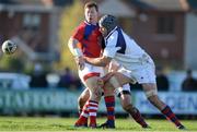 27 October 2012; Cathal Sheridan, UL Bohemians, is tackled by Sean Rennison and Ed Kelly, Clontarf. Ulster Bank League Division 1A, Clontarf v UL Bohemians, Castle Avenue, Clontarf, Dublin. Picture credit: Brendan Moran / SPORTSFILE