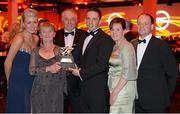 26 October 2012; Cork goalkeeper Anthony Nash, 3rd from right, and his family, from left, Natalia Gorak, Phyllis and Tom Nash, Edwina and Michael Gottstein, with his 2012 GAA GPA All-Star award, sponsored by Opel. GAA GPA All-Star Awards 2012 Sponsored by Opel, National Convention Centre, Dublin. Picture credit: Brendan Moran / SPORTSFILE