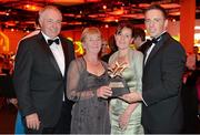 26 October 2012; Cork goalkeeper Anthony Nash, 3rd from right, and his family, from left, Tom and Phyllis Nash and sister Edwina Gottstein, with his 2012 GAA GPA All-Star award, sponsored by Opel. GAA GPA All-Star Awards 2012 Sponsored by Opel, National Convention Centre, Dublin. Picture credit: Brendan Moran / SPORTSFILE