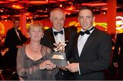 26 October 2012; Cork goalkeeper Anthony Nash, with his parents Phyllis and Tom Nash, and his 2012 GAA GPA All-Star award, sponsored by Opel. GAA GPA All-Star Awards 2012 Sponsored by Opel, National Convention Centre, Dublin. Picture credit: Brendan Moran / SPORTSFILE
