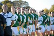 27 October 2012; Ireland manager John Meyler lines up with his squad during the playing of the national anthem. Shinty International, Second Test, Scotland v Ireland, Cusack Park, Ennis, Co. Clare. Picture credit: Diarmuid Greene / SPORTSFILE