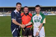 27 October 2012; Ireland captain Eoin Price and Scotland captain Norman Campbell with referee Eamonn Hassan before the game. Shinty International, Second Test, Scotland v Ireland, Cusack Park, Ennis, Co. Clare. Picture credit: Diarmuid Greene / SPORTSFILE