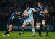 27 October 2012; Tom James, Cardiff Blues, is tackled by Fergus McFadden, left, and Damian Browne, Leinster. Celtic League 2012/13, Round 7, Leinster v Cardiff Blues, RDS, Ballsbridge, Dublin. Picture credit: Stephen McCarthy / SPORTSFILE