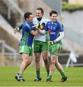 28 October 2012; St. Patrick's players, left to right, Jamie O'Hare, Sean Connor and Darren O'Hannlon celebrate at the end of the game. AIB Leinster GAA Football Senior Club Championship, First Round, Rhode v St Patrick's, O'Connor Park, Tullamore, Co. Offaly. Picture credit: David Maher / SPORTSFILE