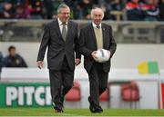28 October 2012; Former Ard Stiúrthoir of the GAA Liam Mulvihill, left, is accompanied by Barney Allen, Chairman of the Meath County Board, to perform a ceremonial throw-in before the start of the game. Meath County Senior Football Championship Final, Wolfe Tones v Navan O'Mahonys, Pairc Tailteann, Navan, Co Meath. Picture credit: Brendan Moran / SPORTSFILE