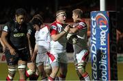 26 October 2012; Tom Court, Ulster, celebrates after scoring his side's first try. Celtic League 2012/13, Round 7, Newport Gwent Dragons v Ulster, Rodney Parade, Newport, Wales. Picture credit: Steve Pope / SPORTSFILE