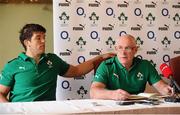29 October 2012; Ireland's Donncha O'Callaghan, left, and Ireland team manager Michael Kearney speaking to the media during a press conference ahead of their sides Autumn International match against South Africa on Saturday November 10th. Ireland Rugby Squad Press Conference, Carton House, Maynooth, Co. Kildare. Picture credit: David Maher / SPORTSFILE
