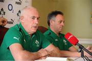 29 October 2012; Ireland team manager Michael Kearney, left, and Ireland assistant coach Mark Tainton speaking to the media during a press conference ahead of their sides Autumn International match against South Africa on Saturday November 10th. Ireland Rugby Squad Press Conference, Carton House, Maynooth, Co. Kildare. Picture credit: David Maher / SPORTSFILE
