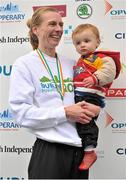 29 October 2012; National women's marathon champion Maria McCambridge, with her son Dylan McCambridge Crossan, age 17 months, after the Dublin Marathon 2012. Merrion Square, Dublin. Picture credit: Brendan Moran / SPORTSFILE