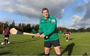 29 October 2012; Ireland's Michael Bent tries some hurling prior to squad training ahead of their side's Autumn International match against South Africa on Saturday November 10th. Ireland Rugby Squad Training, Carton House, Maynooth, Co. Kildare. Photo by Sportsfile