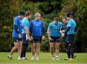 29 October 2012; Leinster skills and kicking coach Richie Murphy with Leinster backs, from left, Andrew Goodman, Brendan Macken, Fionn Carr, Isaac Boss and Ian Madigan during squad training ahead of their side's Celtic League, Round 8, match against Ospreys on Sunday. Leinster Rugby Squad Training, UCD, Belfield, Dublin. Picture credit: Ray McManus / SPORTSFILE