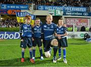 27 October 2012; Mascots, from left, Rory Byrden, age 8, from Maynooth, Co. Kildare, Jamie Daly, age 10, from Mullingar, Co. Westmeath, and Adam Tymlin, age 8, from Greystones, Co. Wicklow, with captain Leo Cullen at Leinster v Cardiff Blues. Celtic League 2012/13, Round 7, Leinster v Cardiff Blues, RDS, Ballsbridge, Dublin. Picture credit: Matt Browne / SPORTSFILE