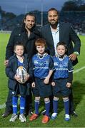 27 October 2012; Leinster's Isa Nacewa and Leo Auva'a with the mascots, from left, Adam Tymlin, age 8, from Greystones, Co. Wicklow, Rory Byrden, age 8, from Maynooth, Co. Kildare and Jamie Daly, age 10, from Mullingar, Co. Westmeath, at Leinster v Cardiff Blues. Celtic League 2012/13, Round 7, Leinster v Cardiff Blues, RDS, Ballsbridge, Dublin. Picture credit: Brendan Moran / SPORTSFILE