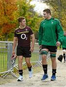 29 October 2012; Ireland's Paddy Jackson, left, and Iain Henderson arrive for squad training ahead of their side's Autumn International match against South Africa on Saturday November 10th. Ireland Rugby Squad Training, Carton House, Maynooth, Co. Kildare. Photo by Sportsfile