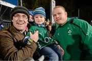 30 October 2012; Ireland's Tom Court with Darragh Dowling and his son James Dowling, age 3, from Castleknock, during an autograph signing session after squad training ahead of Ireland's Autumn International match against South Africa on Saturday November 10th. Ireland Rugby Squad Training, Donnybrook Stadium, Donnybrook, Dublin. Picture credit: Brian Lawless / SPORTSFILE