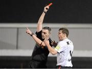 30 October 2012; Stephen Maher, Dundalk, is shown the red card and sent off by referee Paul McLaughlin. Airtricity League Promotion / Relegation Play-Off Final, 1st Leg, Dundalk v Waterford United, Oriel Park, Dundalk, Co. Louth. Photo by Sportsfile