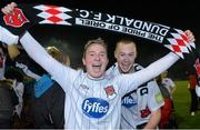2 November 2012; Michael Rafter, Dundalk, celebrates with team-mate Chris Shields, right, after the final whistle. Airtricity League Promotion / Relegation Play-Off Final, 2nd Leg, Waterford United v Dundalk, RSC, Waterford. Picture credit: Matt Browne / SPORTSFILE