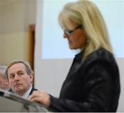 3 November 2012; An Taoiseach Enda Kenny TD listens to the keynote speaker Karen Leach at the Code of Ethics & Good Practice for Children’s Sport Information Day, hosted by the Irish Sports Council, at the Crowne Plaza Hotel, Blanchardstown, Dublin. Picture credit: Ray McManus / SPORTSFILE