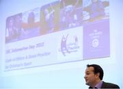 3 November 2012; Dr. Leo Varadkar, Minister for Transport, Tourism and Sports speaking at the Code of Ethics & Good Practice for Children’s Sport Information Day, hosted by the Irish Sports Council, at the Crowne Plaza Hotel, Blanchardstown, Dublin. Picture credit: Ray McManus / SPORTSFILE