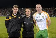 3 November 2012; Darren Hughes, left, Ulster Football Selection XV, referee Maurice Deegan and Neil Gallagher, right, Donegal. Match for Michaela, Donegal v Ulster Football Selection XV, Casement Park, Belfast, Co. Antrim. Picture credit: Matt Browne / SPORTSFILE