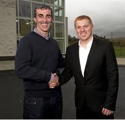 9 November 2012; Donegal football manager Jim McGuinness, pictured with Celtic FC manager Neil Lennon, right, was today unveiled as the new performance consultant at Celtic FC. Lennoxtown Training Centre, Lennoxtown, East Dunbartonshire, Glasgow, Scotland. Picture credit: Craig Stewart / SPORTSFILE