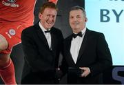 10 November 2012; Dr. Alan Byrne is presented with the Merit award by Professor Stephen Eustace, left. 2012 PFAI Player of the Year Awards sponsored by Tissot, The Burlington Hotel, Dublin. Photo by Sportsfile