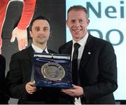 10 November 2012; Neil Doyle is presented with the Referee of the Year award by Stephen McGuinness, general secetary of the PFAI. 2012 PFAI Player of the Year Awards sponsored by Tissot, The Burlington Hotel, Dublin. Photo by Sportsfile