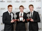 10 November 2012; Rory Gaffney, left, Limerick, who won the First Division Player of the Year award, with Chris Forester, St. Patrick's Athletic, who won the Young Player of the Year award, and James McClean, right, Sunderland, who won the Irish Overseas Player of the Year award. 2012 PFAI Player of the Year Awards sponsored by Tissot, The Burlington Hotel, Dublin. Photo by Sportsfile