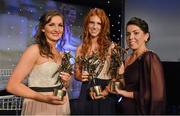 10 November 2012; Kerry players with their TG4 O'Neill's All-Star awards, Cáit Lynch, Kerry, Louise Ni Mhuircheartaigh and Sarah Houlihan. TG4 O'Neill's Ladies Football All-Star Awards 2012, Citywest Hotel, Saggart, Co. Dublin. Picture credit: Brendan Moran / SPORTSFILE