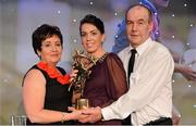 10 November 2012; Kerry's Sarah Houlihan with her mother Doreen and father Jerry and her TG4 O'Neill's All-Star award. TG4 O'Neill's Ladies Football All-Star Awards 2012, Citywest Hotel, Saggart, Co. Dublin. Picture credit: Brendan Moran / SPORTSFILE