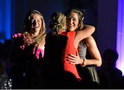 10 November 2012; Armagh's Caroline O'Hanlon, right, is congratulated by team-mate Laura Brown on being named on the 2012 TG4 O'Neill's All-Star team. TG4 O'Neill's Ladies Football All-Star Awards 2012, Citywest Hotel, Saggart, Co. Dublin. Picture credit: Brendan Moran / SPORTSFILE