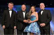10 November 2012; Katie Murphy, Dublin, is presented with her Leinster Young Player of the Year award by Pat Quill, President, Ladies Gaelic Football Association, in the company of, from left, Pol O Gallchoir, Ceannsaí, TG4, and Cormac Farrell, O'Neill's. TG4 O'Neill's Ladies Football All-Star Awards 2012, Citywest Hotel, Saggart, Co. Dublin. Picture credit: Brendan Moran / SPORTSFILE