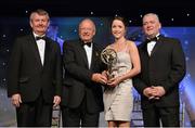 10 November 2012; Eimear Scally, Cork, is presented with her Munster Young Player of the Year award by Pat Quill, President, Ladies Gaelic Football Association, in the company of, from left, Pol O Gallchoir, Ceannsaí, TG4, and Cormac Farrell, O'Neill's. TG4 O'Neill's Ladies Football All-Star Awards 2012, Citywest Hotel, Saggart, Co. Dublin. Picture credit: Brendan Moran / SPORTSFILE