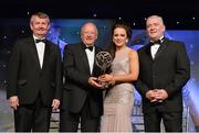 10 November 2012; Emma Smyth, Tyrone, is presented with her Ulster Young Player of the Year award by Pat Quill, President, Ladies Gaelic Football Association, in the company of, from left, Pol O Gallchoir, Ceannsaí, TG4, and Cormac Farrell, O'Neill's. TG4 O'Neill's Ladies Football All-Star Awards 2012, Citywest Hotel, Saggart, Co. Dublin. Picture credit: Brendan Moran / SPORTSFILE