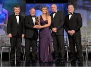 10 November 2012; Elaine Harte, Cork, is presented with her All-Star award by Pat Quill, President, Ladies Gaelic Football Association, in the company of, from left, Pol O Gallchoir, Ceannsaí, TG4,  Liam Moggan, National Coach Development Officer, Coaching Ireland, and Cormac Farrell, O'Neill's. TG4 O'Neill's Ladies Football All-Star Awards 2012, Citywest Hotel, Saggart, Co. Dublin. Picture credit: Brendan Moran / SPORTSFILE