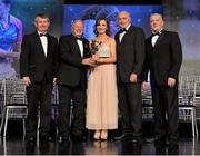 10 November 2012; Cáit Lynch, Kerry, is presented with her All-Star award by Pat Quill, President, Ladies Gaelic Football Association, in the company of, from left, Pol O Gallchoir, Ceannsaí, TG4,  Liam Moggan, National Coach Development Officer, Coaching Ireland, and Cormac Farrell, O'Neill's. TG4 O'Neill's Ladies Football All-Star Awards 2012, Citywest Hotel, Saggart, Co. Dublin. Picture credit: Brendan Moran / SPORTSFILE