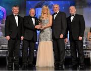 10 November 2012; Brid Stack, Cork, is presented with her All-Star award by Pat Quill, President, Ladies Gaelic Football Association, in the company of, from left, Pol O Gallchoir, Ceannsaí, TG4,  Liam Moggan, National Coach Development Officer, Coaching Ireland, and Cormac Farrell, O'Neill's. TG4 O'Neill's Ladies Football All-Star Awards 2012, Citywest Hotel, Saggart, Co. Dublin. Picture credit: Brendan Moran / SPORTSFILE