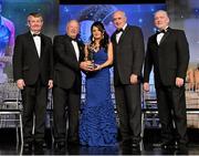 10 November 2012; Christine Reilly, Monaghan, is presented with her All-Star award by Pat Quill, President, Ladies Gaelic Football Association, in the company of, from left, Pol O Gallchoir, Ceannsaí, TG4,  Liam Moggan, National Coach Development Officer, Coaching Ireland, and Cormac Farrell, O'Neill's. TG4 O'Neill's Ladies Football All-Star Awards 2012, Citywest Hotel, Saggart, Co. Dublin. Picture credit: Brendan Moran / SPORTSFILE