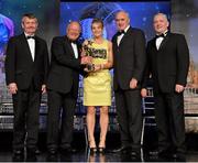 10 November 2012; Briege Corkery, Cork, is presented with her All-Star award by Pat Quill, President, Ladies Gaelic Football Association, in the company of, from left, Pol O Gallchoir, Ceannsaí, TG4,  Liam Moggan, National Coach Development Officer, Coaching Ireland, and Cormac Farrell, O'Neill's. TG4 O'Neill's Ladies Football All-Star Awards 2012, Citywest Hotel, Saggart, Co. Dublin. Picture credit: Brendan Moran / SPORTSFILE