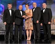 10 November 2012; Rena Buckley, Cork, is presented with her All-Star award by Pat Quill, President, Ladies Gaelic Football Association, in the company of, from left, Pol O Gallchoir, Ceannsaí, TG4,  Liam Moggan, National Coach Development Officer, Coaching Ireland, and Cormac Farrell, O'Neill's. TG4 O'Neill's Ladies Football All-Star Awards 2012, Citywest Hotel, Saggart, Co. Dublin. Picture credit: Brendan Moran / SPORTSFILE