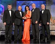 10 November 2012; Sinead Goldrick, Dublin, is presented with her All-Star award by Pat Quill, President, Ladies Gaelic Football Association, in the company of, from left, Pol O Gallchoir, Ceannsaí, TG4,  Liam Moggan, National Coach Development Officer, Coaching Ireland, and Cormac Farrell, O'Neill's. TG4 O'Neill's Ladies Football All-Star Awards 2012, Citywest Hotel, Saggart, Co. Dublin. Picture credit: Brendan Moran / SPORTSFILE