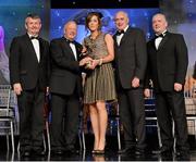 10 November 2012; Caroline O'Hanlon, Armagh, is presented with her All-Star award by Pat Quill, President, Ladies Gaelic Football Association, in the company of, from left, Pol O Gallchoir, Ceannsaí, TG4,  Liam Moggan, National Coach Development Officer, Coaching Ireland, and Cormac Farrell, O'Neill's. TG4 O'Neill's Ladies Football All-Star Awards 2012, Citywest Hotel, Saggart, Co. Dublin. Picture credit: Brendan Moran / SPORTSFILE