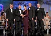 10 November 2012; Sarah Houlihan, Kerry, is presented with her All-Star award by Pat Quill, President, Ladies Gaelic Football Association, in the company of, from left, Pol O Gallchoir, Ceannsaí, TG4,  Liam Moggan, National Coach Development Officer, Coaching Ireland, and Cormac Farrell, O'Neill's. TG4 O'Neill's Ladies Football All-Star Awards 2012, Citywest Hotel, Saggart, Co. Dublin. Picture credit: Brendan Moran / SPORTSFILE