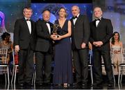 10 November 2012; Cora Staunton, Mayo, is presented with her All-Star award by Pat Quill, President, Ladies Gaelic Football Association, in the company of, from left, Pol O Gallchoir, Ceannsaí, TG4,  Liam Moggan, National Coach Development Officer, Coaching Ireland, and Cormac Farrell, O'Neill's. TG4 O'Neill's Ladies Football All-Star Awards 2012, Citywest Hotel, Saggart, Co. Dublin. Picture credit: Brendan Moran / SPORTSFILE