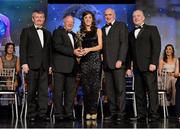 10 November 2012; Ciara O'Sullivan, Cork, is presented with her All-Star award by Pat Quill, President, Ladies Gaelic Football Association, in the company of, from left, Pol O Gallchoir, Ceannsaí, TG4,  Liam Moggan, National Coach Development Officer, Coaching Ireland, and Cormac Farrell, O'Neill's. TG4 O'Neill's Ladies Football All-Star Awards 2012, Citywest Hotel, Saggart, Co. Dublin. Picture credit: Brendan Moran / SPORTSFILE