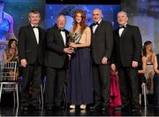 10 November 2012; Louise Ni Mhuircheartaigh, Kerry, is presented with her All-Star award by Pat Quill, President, Ladies Gaelic Football Association, in the company of, from left, Pol O Gallchoir, Ceannsaí, TG4,  Liam Moggan, National Coach Development Officer, Coaching Ireland, and Cormac Farrell, O'Neill's. TG4 O'Neill's Ladies Football All-Star Awards 2012, Citywest Hotel, Saggart, Co. Dublin. Picture credit: Brendan Moran / SPORTSFILE